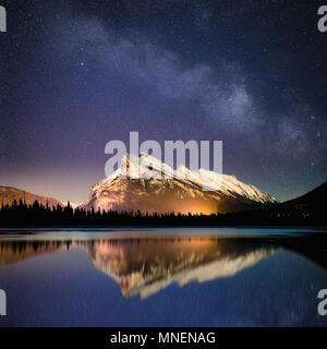 Banff milky way lake water reflection stars night time Stock Photo