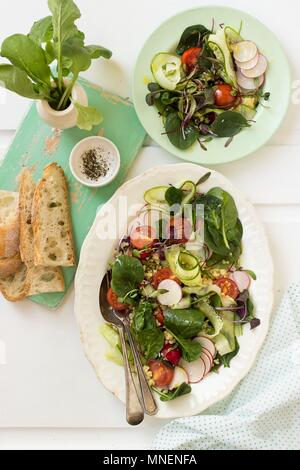 Spinach salad with radishes, cucumber, beetroot leaves, cherry tomatoes, quinoa, bread and black pepper Stock Photo
