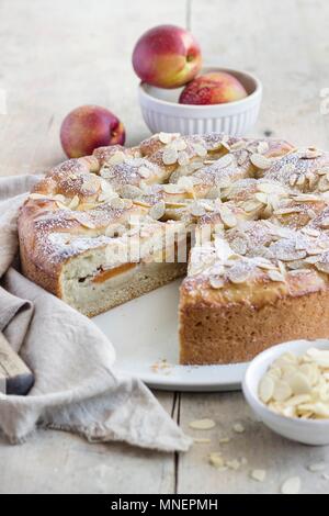 A summery nectarine cake made from quark oil dough and filled with vanilla pudding Stock Photo