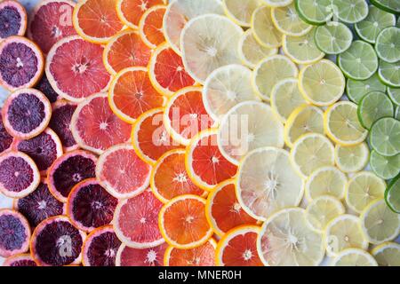 Brightly coloured citrus fruit slices in rows Stock Photo