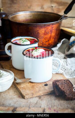 Borscht (Traditional Russian and Ukrainian soup from beetroot) Stock Photo