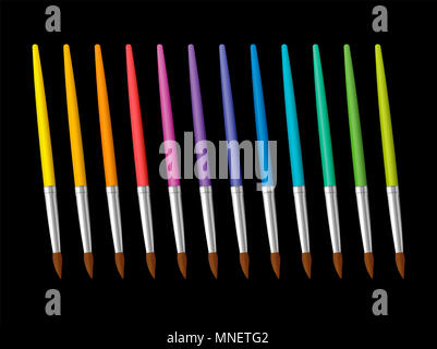 Paint brushes on black background. Collection of twelve rainbow spectrum colored paintbrushes. Stock Photo