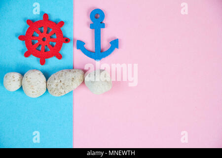 Decorative minimalistic card in pink and neon fashionable tones with the concept of the sea and rest. The sea details like an anchor, steering wheel,  Stock Photo