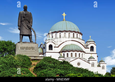 Belgrade, Serbia, Monument to Karadjordje with the Church of Saint Sava in the background. Stock Photo