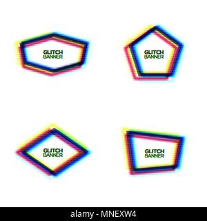Distorted glitch texture frame set. Abstract modern banners pentagon hexagon rhombus polygon background with glitch effect. Broken sign collection with rgb cmyk color Minimal style vector illustration Stock Vector