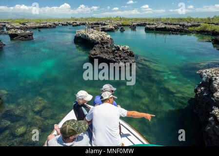 Group on the bow of a boat on the coast of Isabela Island, Galapagos Islands, Ecuador. Stock Photo