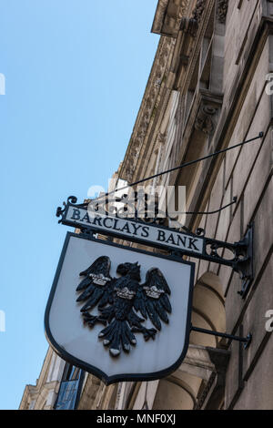 an old fashioned traditional black and white barclays bank  sign on a building in the city of london financial district. Barclays bank sign identity. Stock Photo