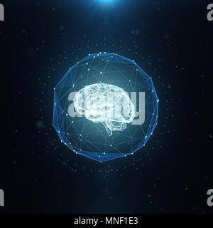 Machine learning , artificial intelligence , ai , deep learning blockchain neural network concept. Brain made with shining wireframe net graphic abstr Stock Photo