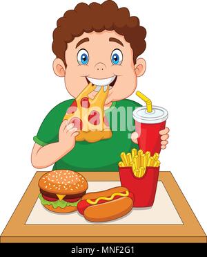 Fat boy eating junk food Stock Vector