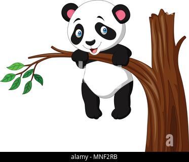 Cartoon funny panda hanging on the tree Stock Vector