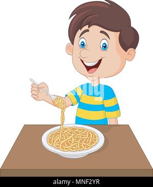 Little boy eating spaghetti Stock Vector