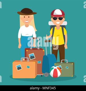 couple travelers with suitcases characters Stock Vector