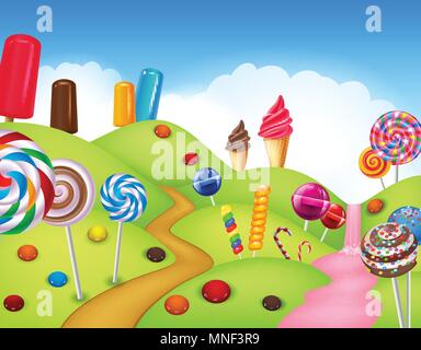 Beautiful candyland with cupcake,ice cream, lollipop and candy cane Stock Vector