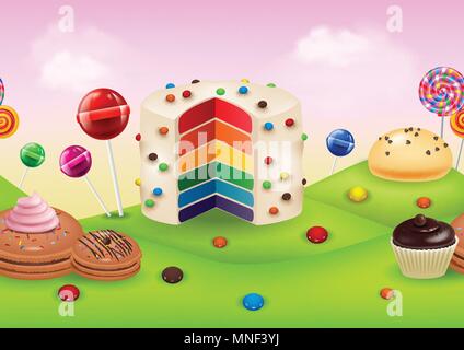 Fantasy candyland with dessrts and sweets Stock Vector