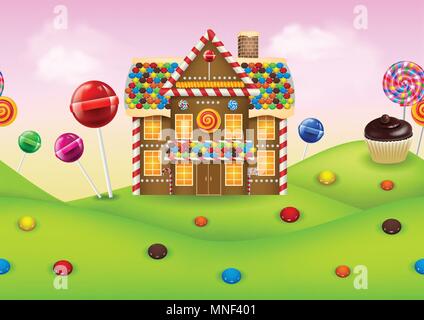 Fantasy candyland with gingerbread Stock Vector