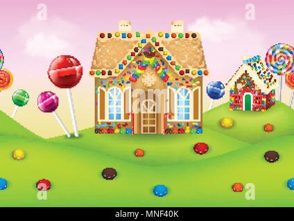 Sweet candyland with gingerbread house Stock Vector