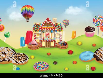 Candyland with gingerbread house Stock Vector
