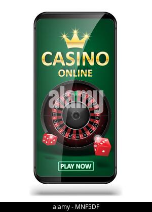 Online Internet casino marketing banner. phone app with dice, poker and roulette wheel. Playing Web poker and gambling casino games. Vector illustration Stock Vector