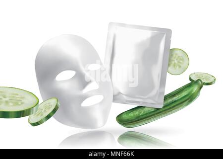 Cucumber facial mask with ingredients in 3d illustration on white background Stock Vector