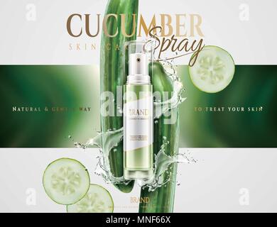 Cucumber skin care spray with splashing water and ingredients in 3d illustration Stock Vector