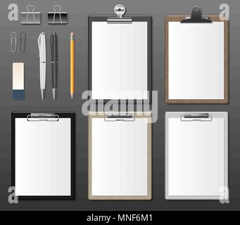 Set of Realistic clipboards with blank white paper sheet. Notepad information board Template for corporate identity. Black, white and wooden Clipboard. vector illustration Stock Vector