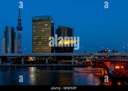 Beautiful view of the Sumida district of Tokyo from the Sumida river, Japan, in the blue hour Stock Photo