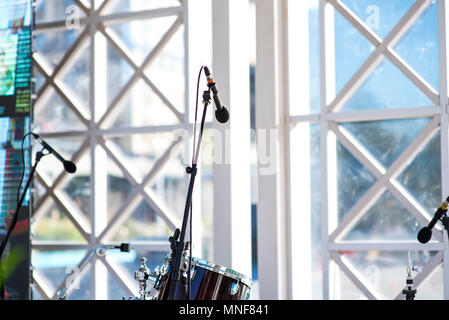 Drum Set with some cymbals on stage before a live Concert. Stock Photo