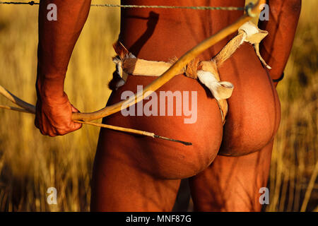 Bushman of the San people hunting, !Xaus Lodge, Kalahari or Kglagadi Transfrontier Park, Northern Cape, South Africa Stock Photo