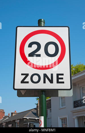 Close up of twenty 20 mph miles per hour speed limit restriction road sign England UK United Kingdom GB Great Britain Stock Photo