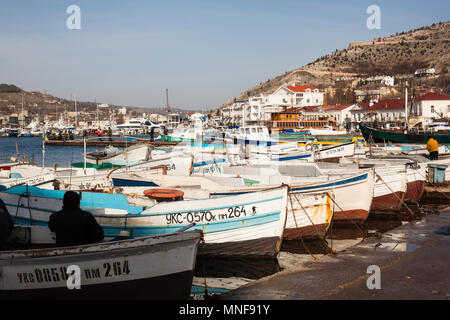 Balaklava, Ukraine - JANUARY 08 2010: Wooden boats in the Balaklava Bay in Sevastopol in the Crimea Stock Photo