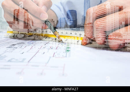 Double exposure engineer are measuring distance in drawing using pencil and ruler and city. Stock Photo