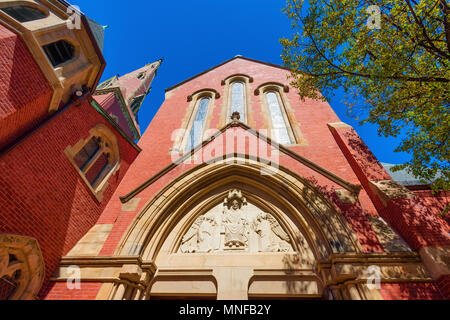 Boston, Massachusetts, USA - September 12, 2016: Looking up at the brick facade of Advent Church Stock Photo