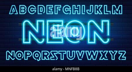 80 s blue neon retro font. Futuristic chrome letters. Bright Alphabet on dark background. Light Symbols Sign for night show in club. concept of galaxy space. Set of types. Outlined version. Stock Vector