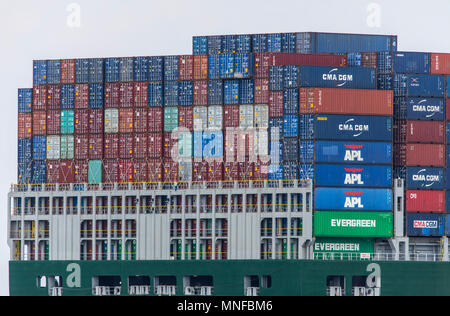 Container ship Tampa Triumph, enters the seaport of Rotterdam, Netherlands, deep sea port Maasvlakte 2, on a man-made land area off the original coast Stock Photo