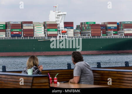 Container ship Tampa Triumph, enters the seaport of Rotterdam, Netherlands, deep sea port Maasvlakte 2, on a man-made land area off the original coast Stock Photo