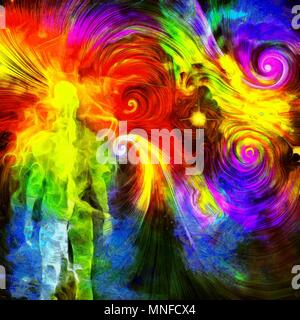 Surreal oil painting. Human's spirit in vivid colorful universe. Stock Photo