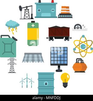 Energy sources items icons set in flat style Stock Vector