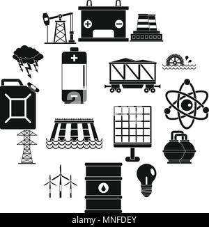 Energy sources items icons set, simple style Stock Vector