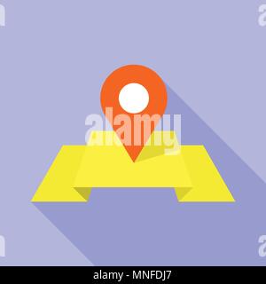 Red pin on yellow map icon, flat style Stock Vector