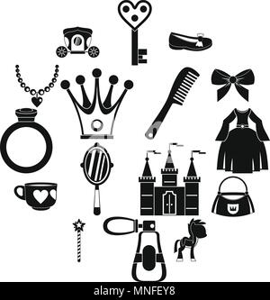 Doll princess items icons set, simple style Stock Vector