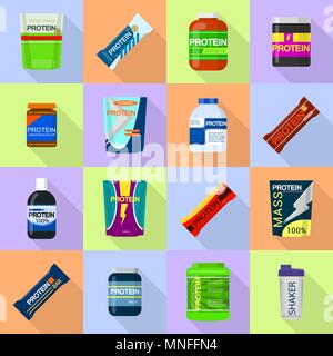 Protein sport nutrition icons set, flat style Stock Vector