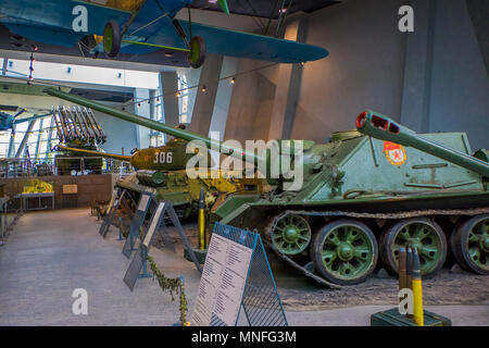 BELARUS, MINSK - MAY 01, 2018: Indoor view of State Museum of the Great Patriotic War exhibitions of the museum with tanks used during the war, in an exposition in Minsk Stock Photo