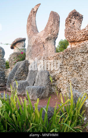 Famous Coral Castle's Planet Corner, with the large moon-like 12-ton crescent representing Venus and the smaller crescent as Mercury, Stock Photo