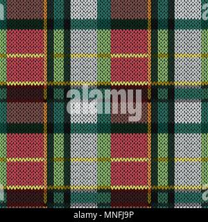 Knitting seamless vector pattern with perpendicular lines as woollen Celtic tartan plaid or knitted fabric texture in red, pink, green and grey hues Stock Vector
