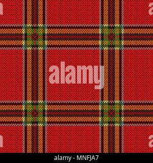 Knitting seamless vector pattern with lines in dark red, pink and orange colors on the bright background as woollen Celtic tartan plaid or knitted fab Stock Vector