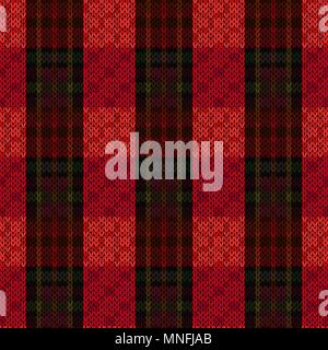 Knitting seamless vector pattern with parallel wide lines in dark red and green colors on the bright background as woollen Celtic tartan plaid or knit Stock Vector