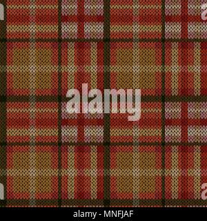 Knitting seamless vector pattern with perpendicular lines as woollen Celtic tartan plaid or knitted fabric texture in khaki, red, pink and beige hues Stock Vector