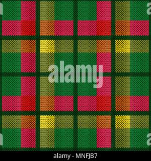 Bright wide and narrow perpendicular lines in green, red and yellow hues as woollen Celtic tartan plaid or knitted fabric texture, seamless vector pat Stock Vector