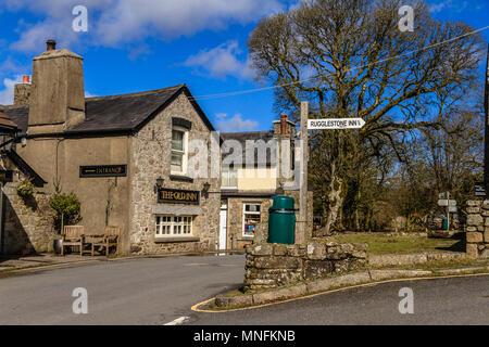 Street view of the Old Inn pub, Widecombe in the Moor, Dartmoor, Devon. March 2018. Stock Photo