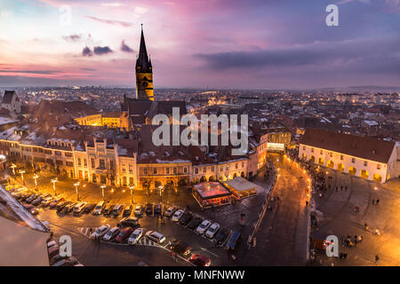 Sibiu, Transylvania, Romania Central Square At Sunset